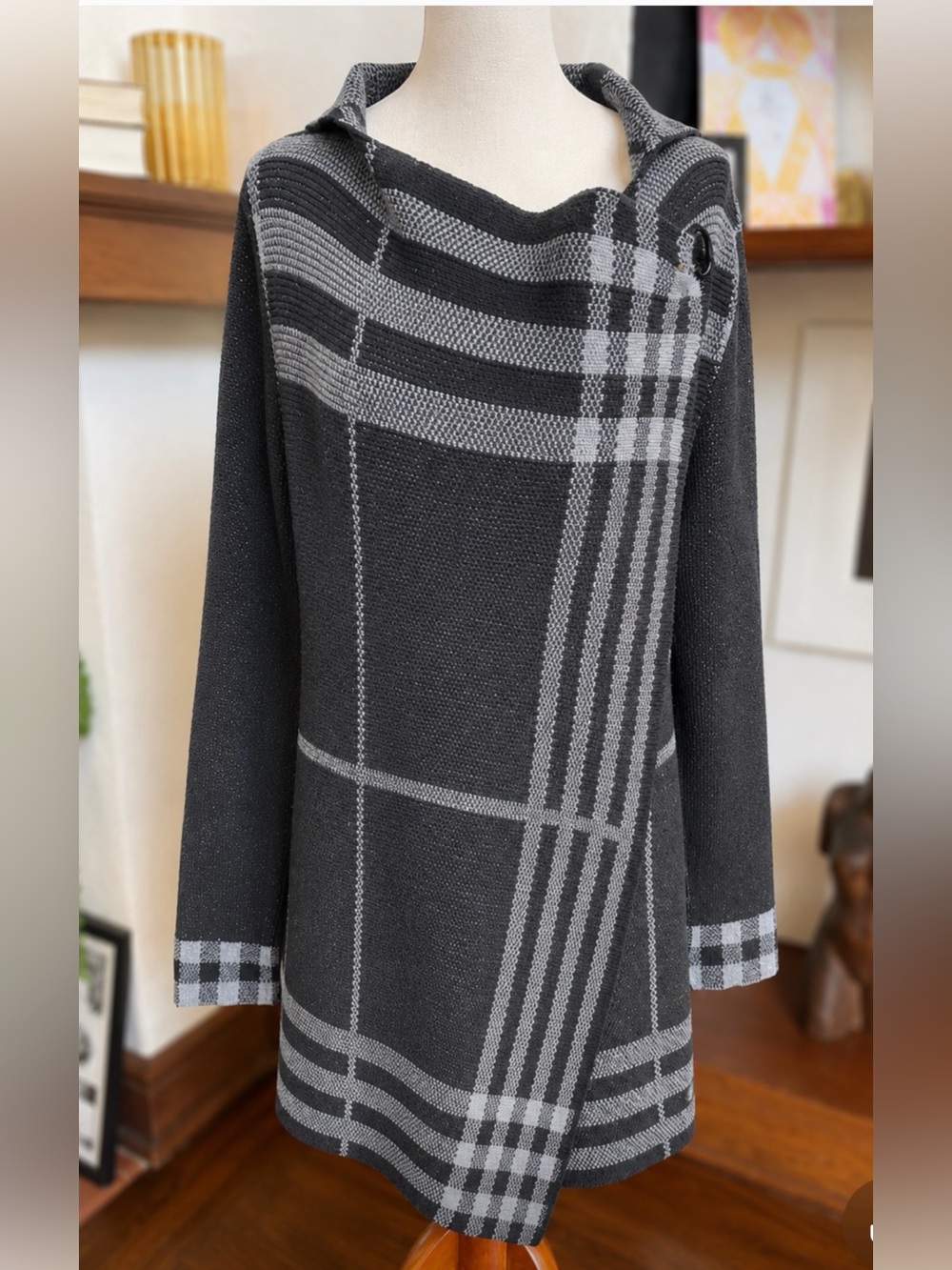 FYLO London Hooded Plaid Wrap Cardigan Sweater Black Gray Wool Alpaca